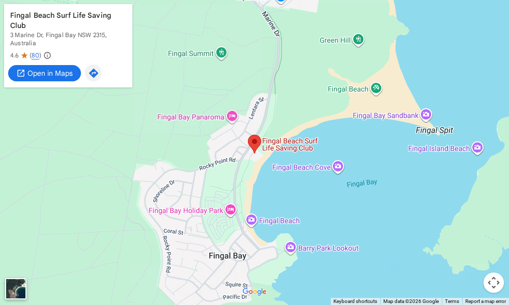 Static map showing Fingal Beach Surf Life Saving Club at 3 Marine Drive beside Fingal Beach