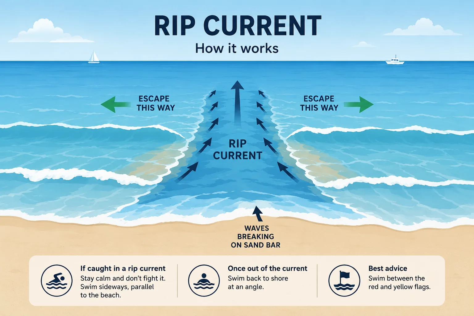 Illustration showing how a rip current flows away from shore between breaking waves, with safer escape directions across the current