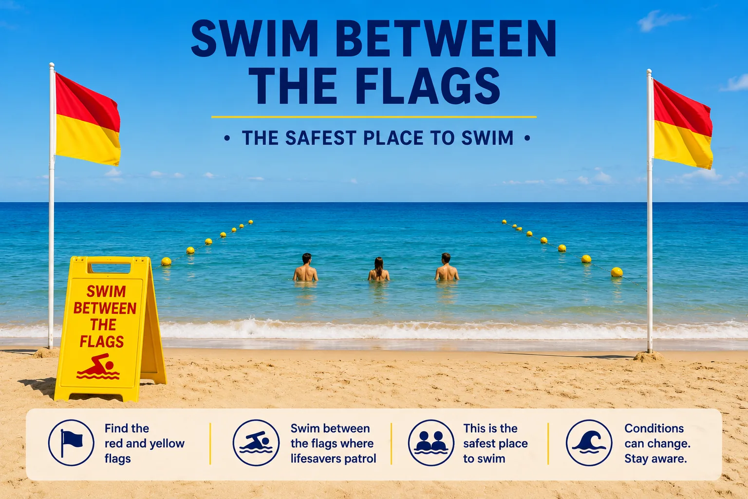 Swim between the red and yellow flags